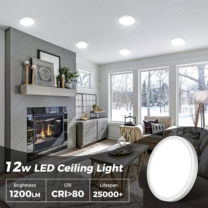 zemty LED Ceiling Light 6.5 Inch, 12W 1200lm Ceiling Mount Light Fixtures, Bright & Adjustable 3000K 4000K 6500K, Round Flat Lamp for Bathroom Closet Pantry Hallway, 2 Pack