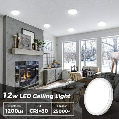 zemty 6Pack LED Ceiling Light Fixture, 6.5 Inch 12W 1200lm Flush Mount Light Fixtures, Bright & Adjustable 3000K 4000K 6500K, Round Flat Ceiling Lamp for Bathroom Closet Pantry Hallway