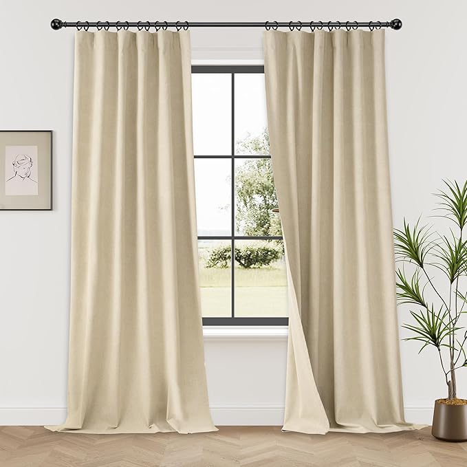 KangBang Room Darkening Curtains 108 Inches Long, Farmhouse Patio Sliding Door Blackout Curtains for Living Room Hall Large Windows, Back Tab Loop Pocket Drapes(2 Panels, 84x108, Natural Beige)