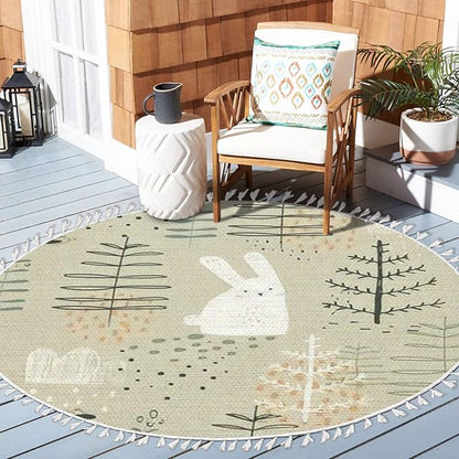 Round Rugs Forest Funny Rabbits Hand Drawn for Kids Fabric Wrapping Boho Area Rug Linen and Cotton Carpet Meditation Washable Hallway Runner Mat Accent Bedroom Bathroom 6ft, Multi2