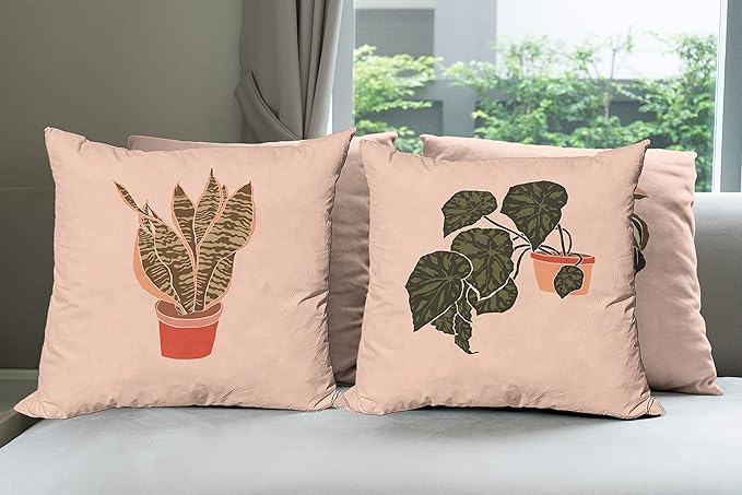 Ambesonne Botanical Throw Pillow Cushion Case Pack of 4, Digital Watercolor Effect Modern Print of House Plants Leaves Pots, Modern Accent Double-Sided Digital Printing, 20", Peach Emerald and Salmon