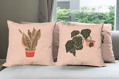 Ambesonne Botanical Throw Pillow Cushion Case Pack of 4, Digital Watercolor Effect Modern Print of House Plants Leaves Pots, Modern Accent Double-Sided Digital Printing, 20", Peach Emerald and Salmon