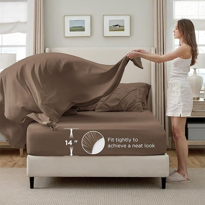 Bedsure Full Comforter Set Brown - Bed in a Bag Full Size Bedding Set 7 Pieces, GentleSoft™ Pintuck Bed Set Gift for Family, Pinch Pleat All Season Comforter with Sheets, Pillowcases & Shams