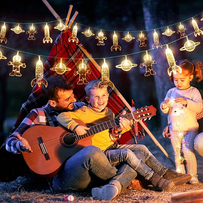 20 LED Children's Room LED String Light Astronaut Spaceship Rocket Pendants Holiday Party Lights Wall Window Nursery or Kids room Decor Wedding Around the Garden Party Patio Christmas (Warm White)