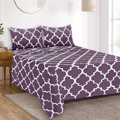 Mejoroom Queen Bed Sheet Set - Super Soft Brushed Microfiber 1800 Thread Count Queen Sheets with 16 inch Deep Pocket - Wrinkle Free - 4 Piece(Queen, Purple Quatrefoil with White Pattern)