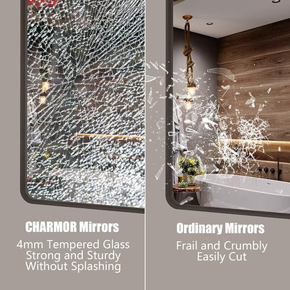 40x30 Bronze Brushed Bathroom Mirror for Wall, Brushed Metal Framed Bathroom Vanity Mirror, Modern Rectangle Mirror, Rounded Corner, Shatterproof, Anti-Rust (Horizontal/Vertical)