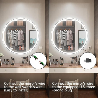 28 Inch Round LED Bathroom Mirror, Front & Backlit Lighted Bathroom Mirror Wall Mounted, 6000K Daylight, Dimmable, Anti-Fog, CRI 90+