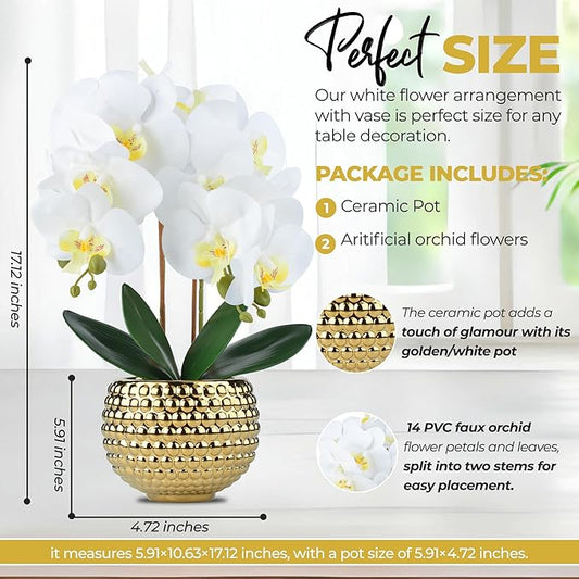 Large Orchids Artificial Flowers, 17'' White Faux Orchids with Gold Pot for Living Room Decor, White Faux Orchid Plant for Bathroom Kitchen Home Indoor Hotel Decor (Large Gold)