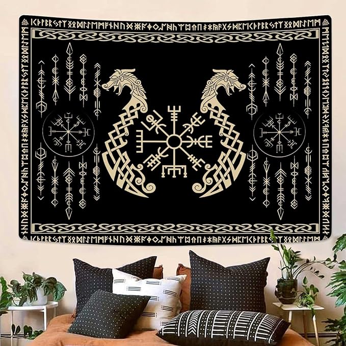 OSUNBD Nordic Vikings Tapestry, Large 10890 inches Soft Flannel, Vegvsir Symbol Twins Dragons Celtic Rune Scandinavian Aesthetic Mythology Tapestry Wall Hanging for Bedroom Living Room Decor