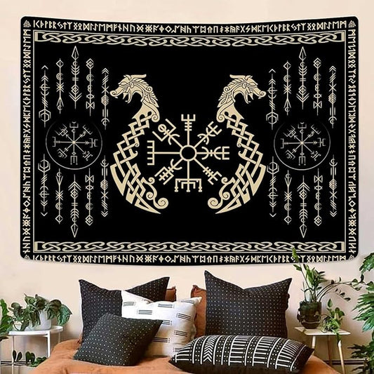 OSUNBD Nordic Vikings Tapestry, Large 10890 inches Soft Flannel, Vegvsir Symbol Twins Dragons Celtic Rune Scandinavian Aesthetic Mythology Tapestry Wall Hanging for Bedroom Living Room Decor