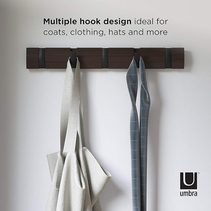 Umbra Flip Wall-Mounted Coat Rack Rail Hook for Hats, Jackets, Bags and More – Modern, Space-Saving Storage Organizer for Entryway, Mudroom, Closet, Bathroom, Bedroom, Kids Room, or Nursery, 5 Hooks,