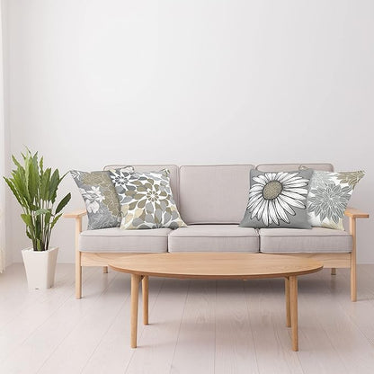 Ambesonne Floral Throw Pillow Cushion Case Pack of 4, Flower Petals Modern Color Palette Chamomile Peony Dahlia and Sunflower Print, Modern Accent Double-Sided Digital Printing, 20", Slate Brown Grey