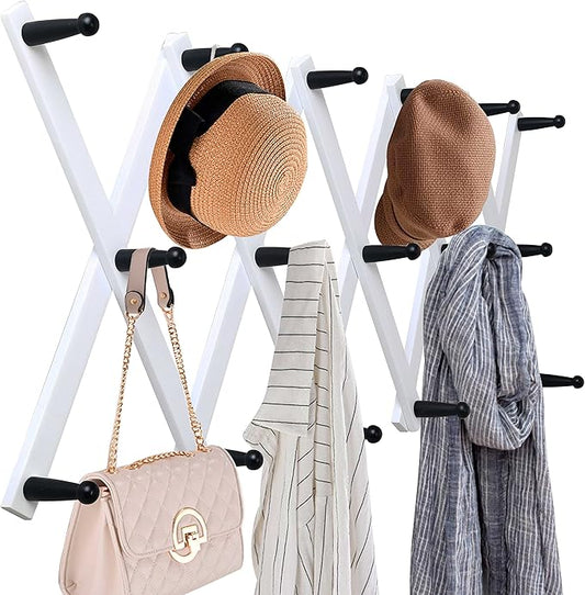 WEBI Accordion Wall Hanger,Expandable Wooden Hat Rack for Wall Mounted Coat Rack,Accordion Hat Hooks Holder for Baseball Caps,17 Peg Hooks,Black on White
