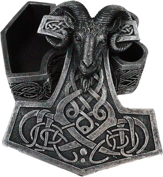 Ebros Gift Viking Ram Skull Thor Hammer Mjolnir with Runes Knotwork Decorative Jewelry Box Figurine Norse God of Thunder Scandinavian Mythology Collectible Trinket Stash Boxes