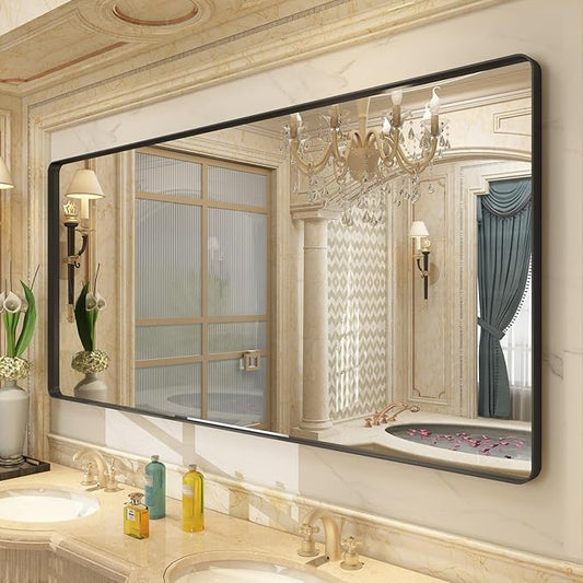 60x30 Black Framed Bathroom Mirror for Wall, Black Metal Bathroom Vanity Mirror, Modern Rectangle Mirror, Rounded Corner, Shatterproof, Anti-Rust (Horizontal/Vertical)