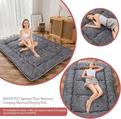 MAXYOYO Black Leaf Printed Japanese Futon Floor Mattress, Thicken Sleeping Pad Floor Bed Roll Up Camping Guest Mattress Folding Couch Bed, Queen Size