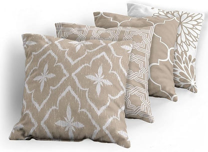 Ambesonne Vintage Throw Pillow Cushion Case Pack of 4, Monochrome Design Grid Trellis Quatrefoil Mesh and Dahlia Flowers Modern Print, Modern Accent Double-Sided Digital Printing, 16", Tan and White