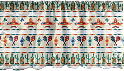 Ambesonne Mexican Window Valance, Latin American Cultural Native Borders Indigenous Saguaro Sombrero Tequila Bottle, Curtain Valance for Kitchen Bedroom Decor with Rod Pocket, 54" X 12", Jade Green