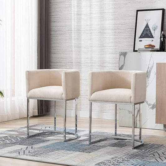 Modern Counter Height Linen Upholstered Bar Stools Set of 2, 24" Kitchen Counter Island Stools Bar Chairs with Chrome Finish Metal Frame for Kitchen Island, Cream