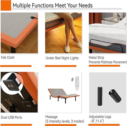 King Adjustable Bed Frame Base - Easy to Install in 5 Minutes, Massage, Wireless Remote, Foot&Head Inclined, Zero Gravity, Dual USB Ports, Under Bed Light, 3000 Premium Series