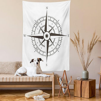 Ambesonne Compass Tapestry, Wind Rose Old Fashion Navigational Equipments Orienteering Illustration Print, Wall Hanging for Bedroom Living Room Dorm Decor, 40" X 60", Evergreen White