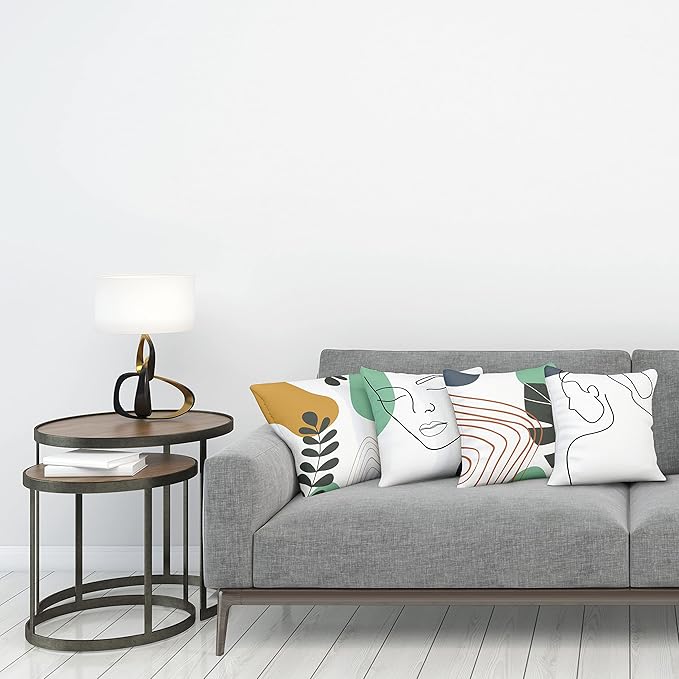 Ambesonne Minimal Throw Pillow Cushion Case Pack of 4, Modern Line Art Woman Portrait with Contemporary Leafy Geometric Details, Modern Accent Double-Sided Digital Printing, 20", Sea Green Slate Blue