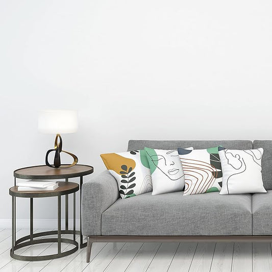 Ambesonne Minimal Throw Pillow Cushion Case Pack of 4, Modern Line Art Woman Portrait with Contemporary Leafy Geometric Details, Modern Accent Double-Sided Digital Printing, 20", Sea Green Slate Blue