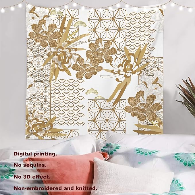 Batmerry Gold Japanese Floral Tapestry,Spring Wall Art Hanging Decoration Polyester Fiber White Ruffled Around for Dorm Room Bedroom Living Room, 59.1x59.1 inches