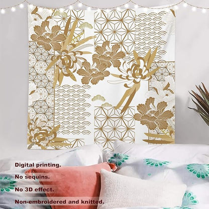 Batmerry Gold Japanese Floral Tapestry,Spring Wall Art Hanging Decoration Polyester Fiber White Ruffled Around for Dorm Room Bedroom Living Room, 59.1x59.1 inches