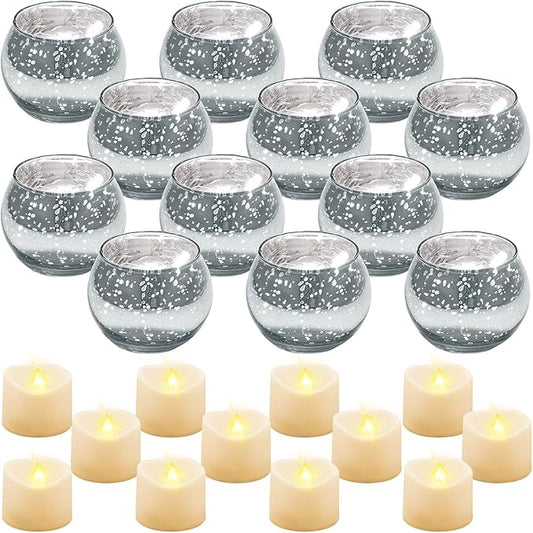 Rtteri 12 Set Votive Candle Holders Wedding Centerpiece Table Decorations Speckled Mercury Glass Votive Candle Holders with Tea Lights Birthday Party Decorations for Home (Silver)