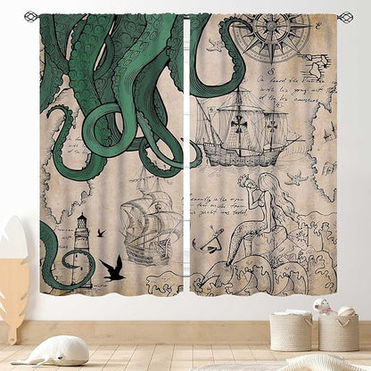 Nautical Octopus Curtains, Coastal Old Pirate Map Sailboat Compass Vintage Magic Ocean Kraken Octopus Tentacles Window Drapery Treatment for Bedroom Living Room Kitchen Bathroom 2 Panels, 63"x63" Inch