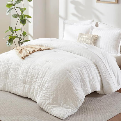 CozyLux California King Comforter Set with Sheets 7 Pieces, White Seersucker Bed in a Bag Cal King Luxury Soft Bedding Sets with Down Alternative Comforter, Sheets, Pillowcases & Shams for All Season