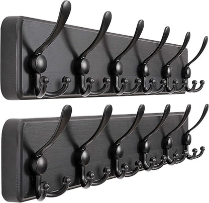 Dseap Coat Rack Wall Mounted - 24" Long 6 Tri Hooks, Heavy Duty Wooden Wall Coat Hanger Coat Hook for Clothes Hat Jacket Clothing, Black, Pack of 2