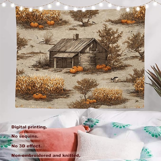 Batmerry Vintage Harvest Tapestry, Cabin In Pumpkin Field Wall Art Hanging Decoration Polyester Fiber White Ruffled Around for Dorm Room Bedroom Living Room, 39.1x59.1 inches