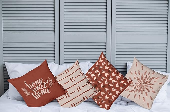 Ambesonne Modern Throw Pillow Cushion Case Pack of 4, Scandinavian Minimal Ornaments Boho Feather Leaves and Home Phrase Print, Modern Accent Double-Sided Digital Printing, 18", Pale Tan and Dark Rust