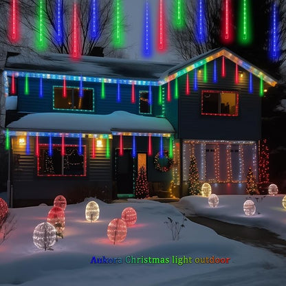 Aukora Christmas Lights Outdoor, 24 Tubes 576 LEDs Meteor Shower Light, Icicle Snow Falling Rain Lights for Xmas Tree Christmas Decorations Wedding Party Holiday Garden Decor, UL Plug (Multicolor)