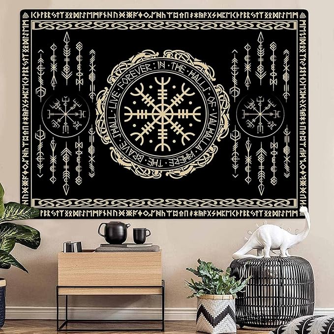 OSUNBD Nordic Vikings Tapestry Small 60x51inches Soft Flannel Vegvsir Symbol Amulet Celtic Rune Scandinavian Aesthetic Mythology Tapestry Wall Hanging for Bedroom Living Room Decor