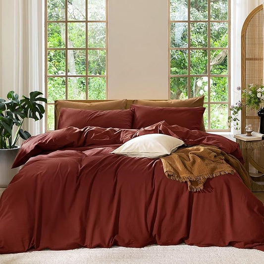 MooMee Bedding Duvet Cover Set 100% Washed Cotton Linen Like Textured Breathable Durable Soft Comfy (Solid Fired Brick Red, Queen 90"x90")