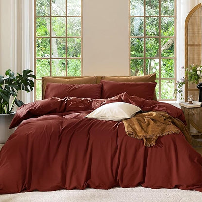 MooMee Bedding Duvet Cover Set 100% Washed Cotton Linen Like Textured Breathable Durable Soft Comfy (Solid Fired Brick Red, Cal King 104"x98")