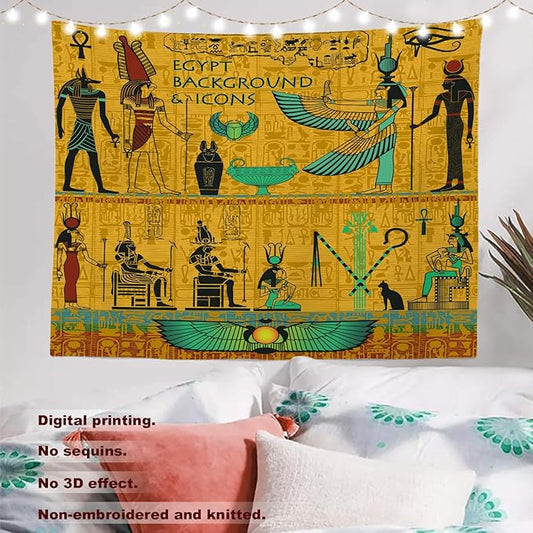 Batmerry Yellow Ancient Egyptian Tapestry, Horus Wall Art Hanging Decoration Polyester Fiber White Ruffled Around For Dorm Room Bedroom Living Room, 30 X 40 Inches