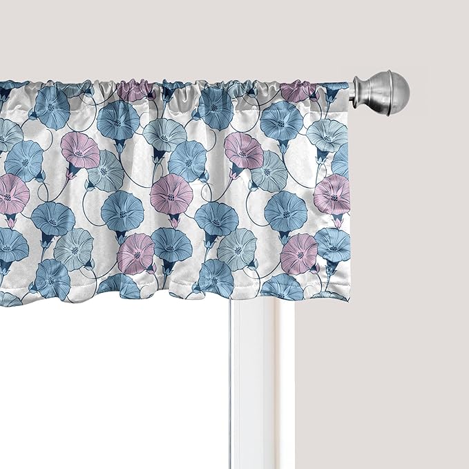 Ambesonne Flower Window Valance Pack of 2, Delicate Pastel Spring Trill Bindweeds, Rod Pocket Curtain Valances for Kitchen Bedroom, 54" X 12", Blue Grey Mauve