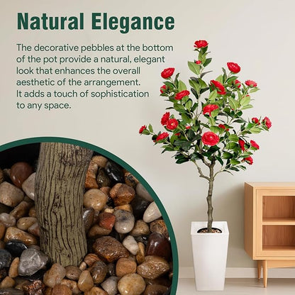 Artificial Camellia Tree 5FT, Red Flower Tree in White Pot, Faux Outdoor Indoor Plant, Potted Artificial Flower for Home Office Housewarming Porch Decor (61'' Height)