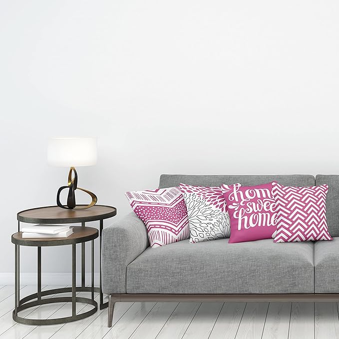 Ambesonne Geometric Throw Pillow Cushion Case Pack of 4, Home Phrase Minimal Zigzag Squama Dahlia Flowers Chevron Tribal, Modern Accent Double-Sided Digital Printing, 20", Pink White and Charcoal Grey