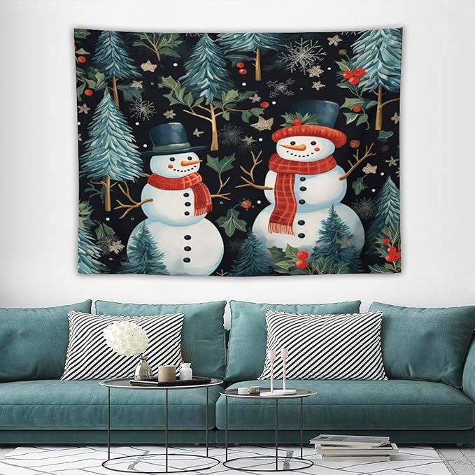MaSiledy Tapestry Snowman Couple Vintage Aesthetic Tapestry Wall Hanging Winter Snowman Tapestries Wall Art for Home Decor Landscape 60"x80" Holiday Scene Banner for Winter Christmas Party