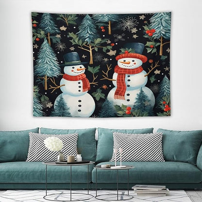MaSiledy Tapestry Snowman Couple Vintage Aesthetic Tapestry Wall Hanging Winter Snowman Tapestries Wall Art for Home Decor Landscape 60"x80" Holiday Scene Banner for Winter Christmas Party