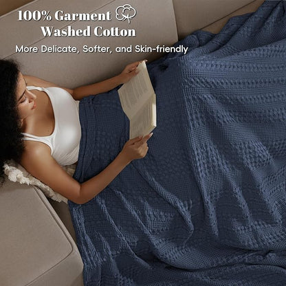 PHF 100% Cotton Waffle Blanket Oversized King 120"x120", Lightweight Breathable Extra Large 10'x10' Blankets for Bed, Giant Big Luxury Aesthetic Woven Bedding for Home Decor, Indigo