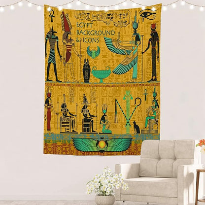 Batmerry Yellow Ancient Egyptian Tapestry, Horus Wall Art Hanging Decoration Polyester Fiber White Ruffled Around for Dorm Room Bedroom Living Room, 59.1x51.2 inches