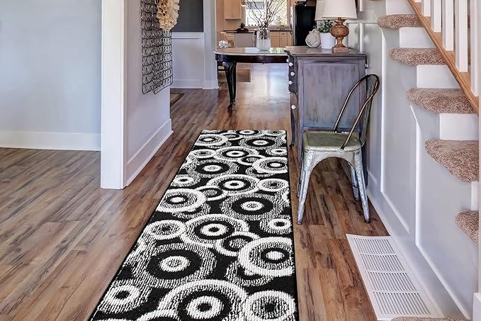 Custom Length Cut to Size Modern Farmhouse Carpet Runner Rug for Hallways, Non Slip Rubber Backed, 31 inch Wide X Customized Length, Geo Black, 31 inch X 19 feet