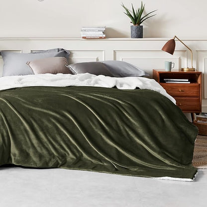 Bedsure GentleSoft Sherpa Fleece Blankets Queen Size for Bed - Thick and Warm Throw for Women and Men, Soft Fuzzy Plush Queen Blanket for Winter, Olive Green, 90x90 Inches
