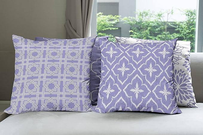 Ambesonne Vintage Throw Pillow Cushion Case Pack of 4, Monochrome Design Grid Trellis Quatrefoil Mesh and Dahlia Flowers Modern Print, Modern Accent Double-Sided Digital Printing, 16", Lavender White